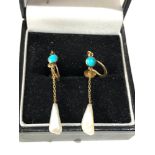 Antique 9ct gold turquoise and pearl drop earrings measures appox drop 3cm