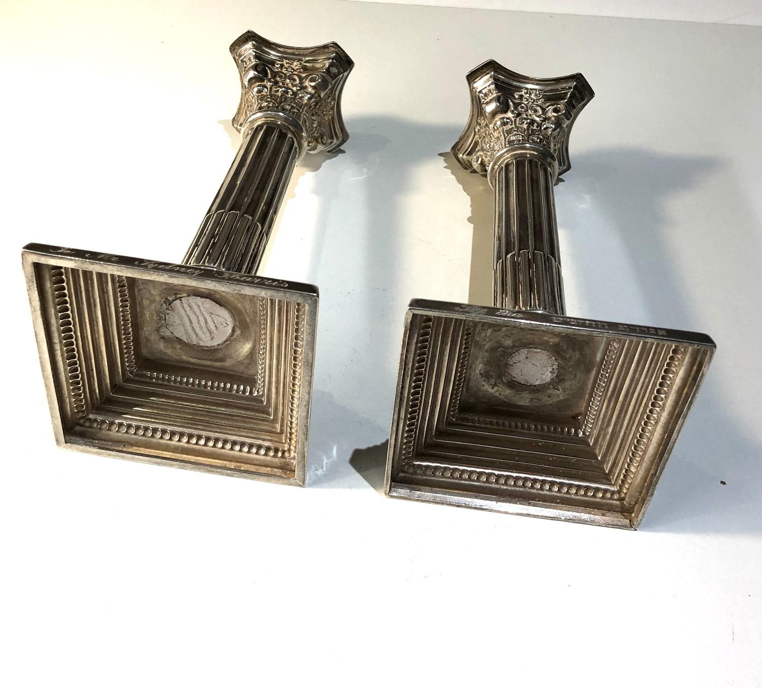 Pair of silver corinthian column candlesticks measures approx height 19cm weight 600g engraved - Image 4 of 4