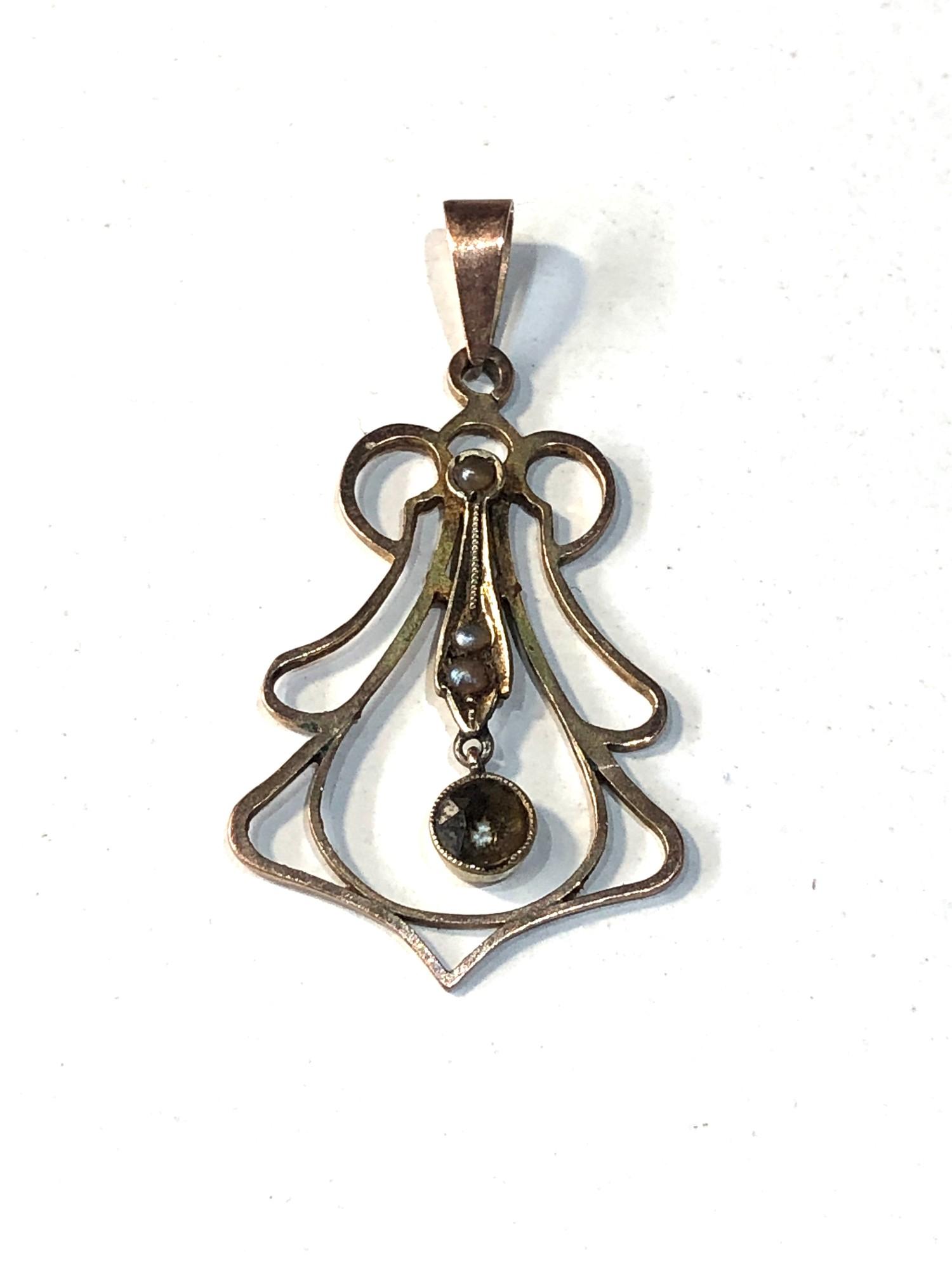 9ct gold seed-pearl and gem set pendant measures approx 3.6cm drop 2cm wide