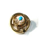 Victorian 15ct gold seed-pearl and turquoise set brooch measures approx 2.4cm weight 4.8g engraved
