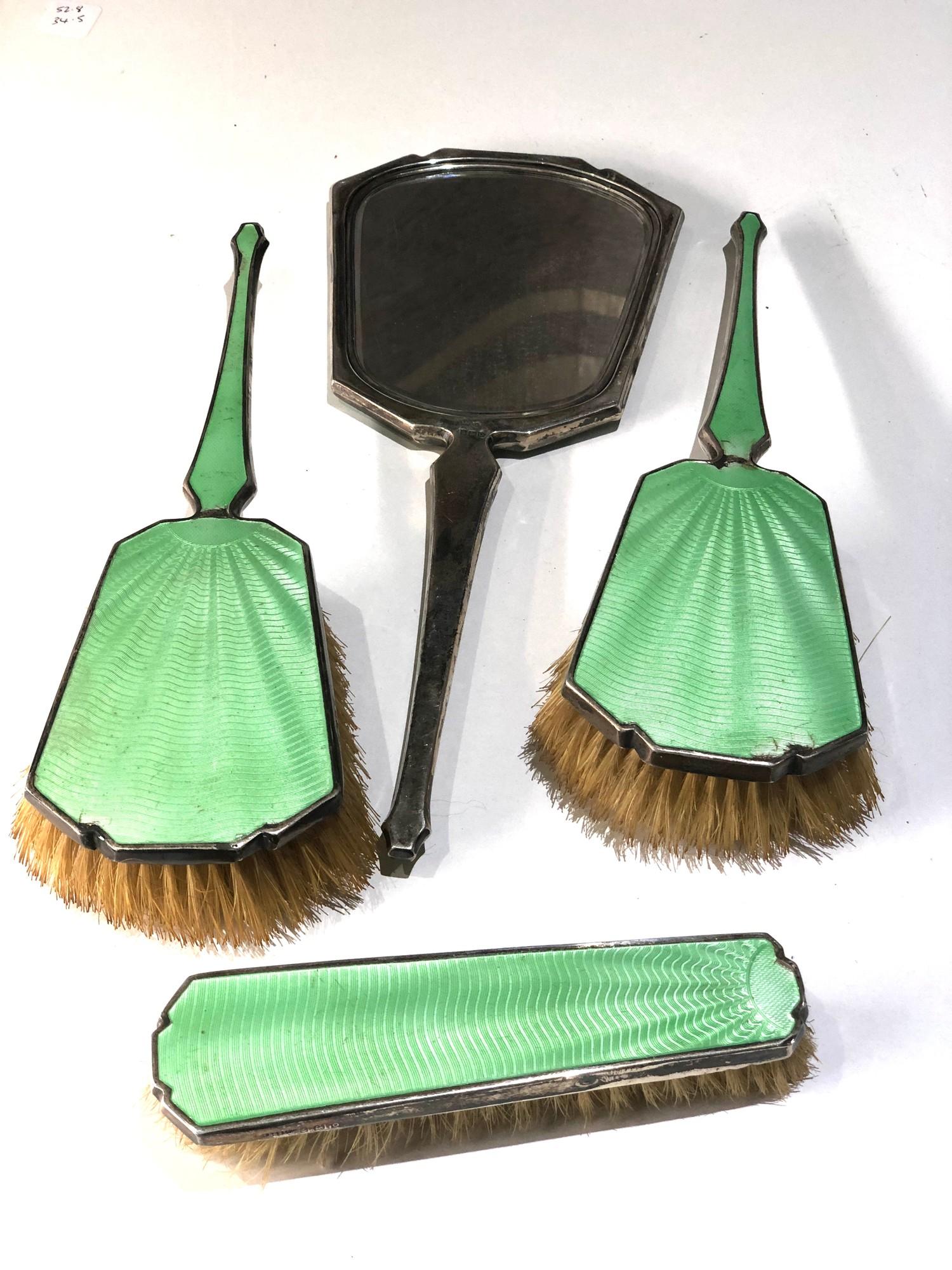 Antique silver and enamel brush and mirror set enamel wear - Image 2 of 3