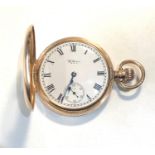 Antique 9ct gold half hunter waltham U.S.A pocket watch in good condition working order but no
