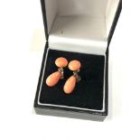 Pair antique 9ct gold coral drop bead earrings measures approx 2.2cm drop bead need resetting