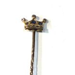 High carat gold rose diamond and sapphire crown stick pin measures approx 6cm