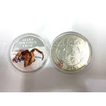 2, 1oz fine silver proof coins, includes 2008 Britannia, 2013 giant coconut crab