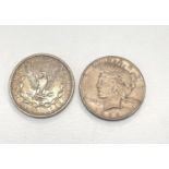 2 American silver dollar coins, 1881, 1926