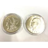 2 American silver dollar coins, 1882, 1971