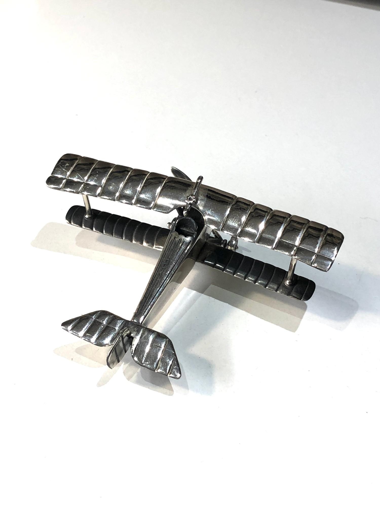 Vintage silver miniature model of ww1 bi-plane measures approx 10cm wide by 8cm - Image 3 of 10