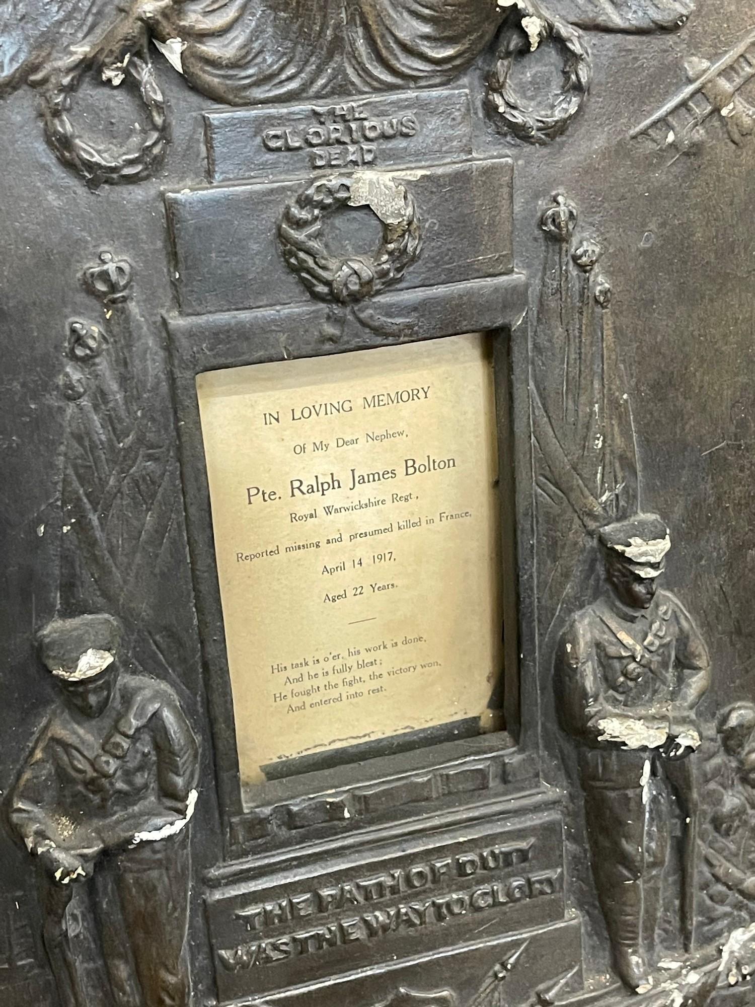 Framed WW1 death plaque to Pte Ralph James Bolton Royal Worcester reg set in memorial oak frame - Image 2 of 4