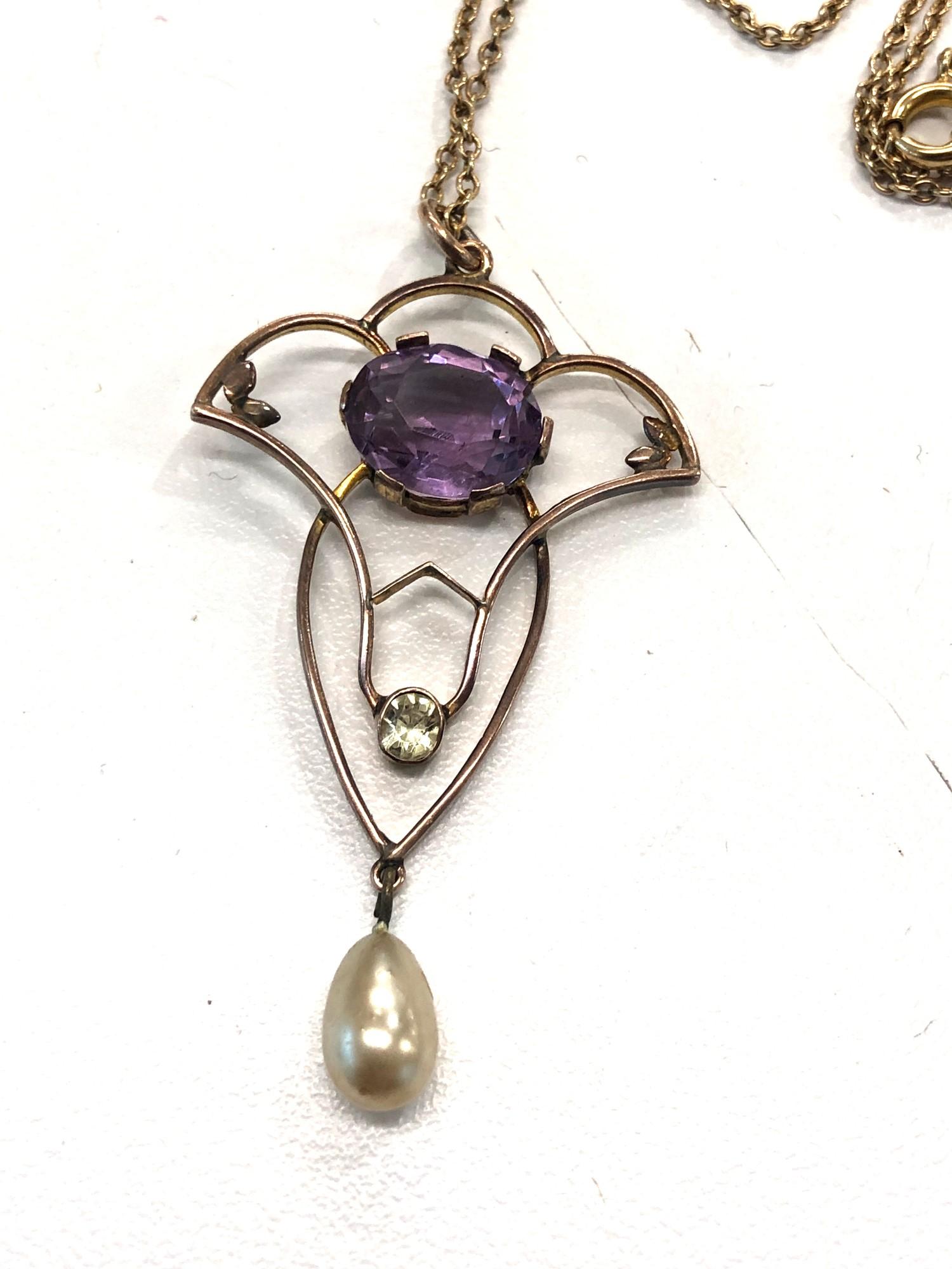 Antique 9ct gold amethyst and pearl drop pendant and chain pendant measures approx 4.6cm drop by 2. - Image 2 of 3