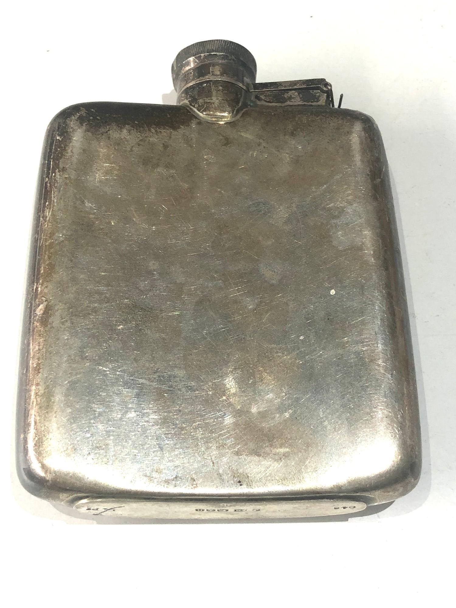 Vintage silver hip flask Birmingham silver hallmarks measures approx 13cm by 9.4cm engraved initials - Image 2 of 4