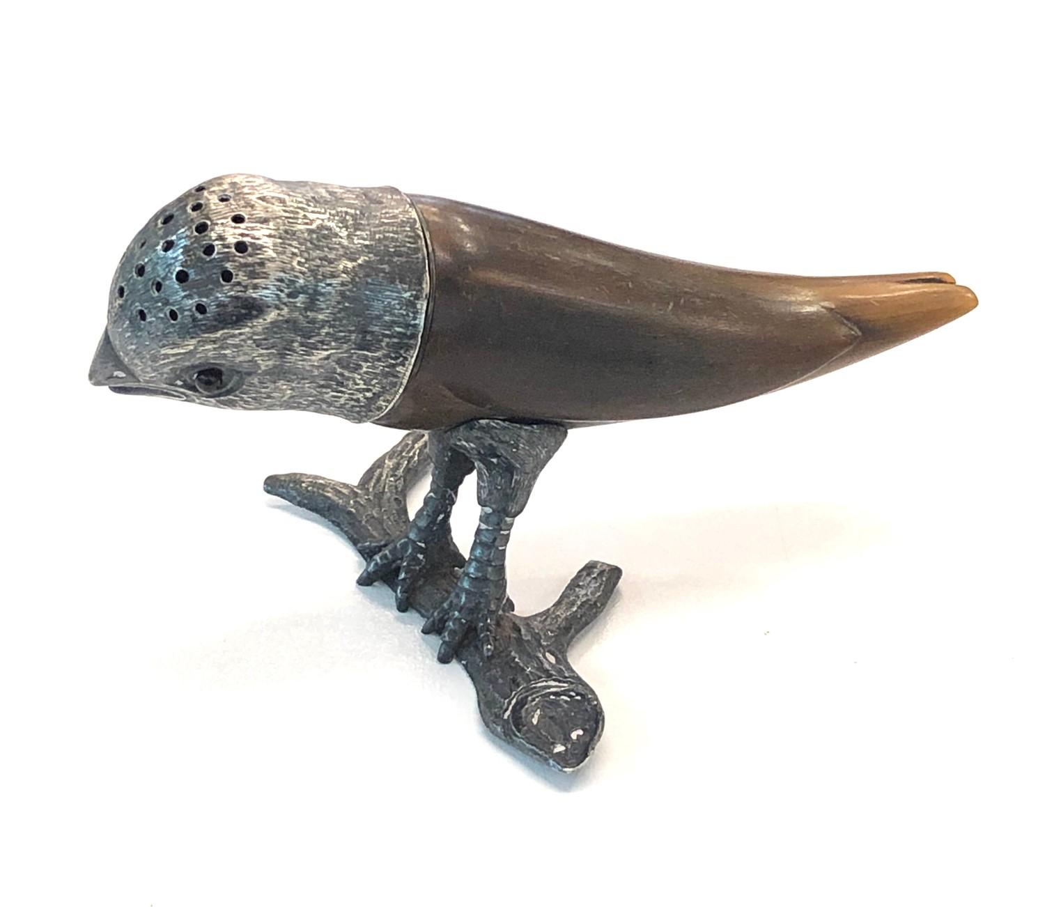 victorian horn and silver mounted novelty bird on branch pepper measures approx 9.6cm height 5.3cm