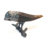 victorian horn and silver mounted novelty bird on branch pepper measures approx 9.6cm height 5.3cm