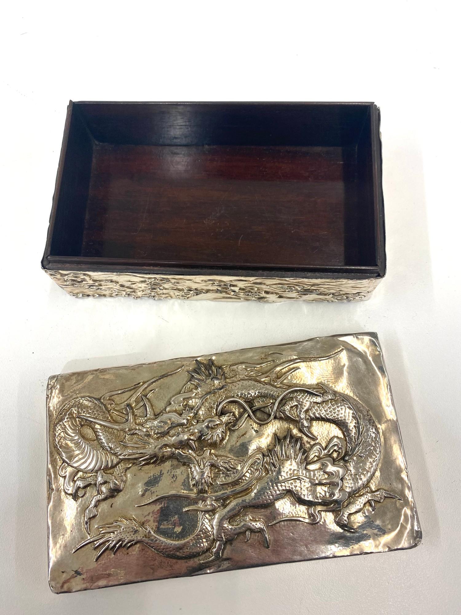 Silver and wooden cigarette box, Chinese detail, no markings but tested as silver, age related wear, - Image 3 of 5