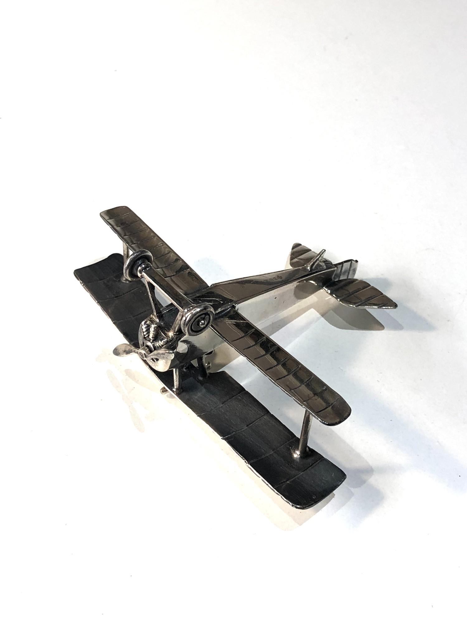 Vintage silver miniature model of ww1 bi-plane measures approx 10cm wide by 8cm - Image 9 of 10