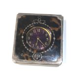 Antique silver and tortoiseshell cased 8 day enamel dial travel clock / watch in working order