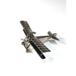 Vintage silver miniature model of ww1 bi-plane measures approx 10cm wide by 8cm