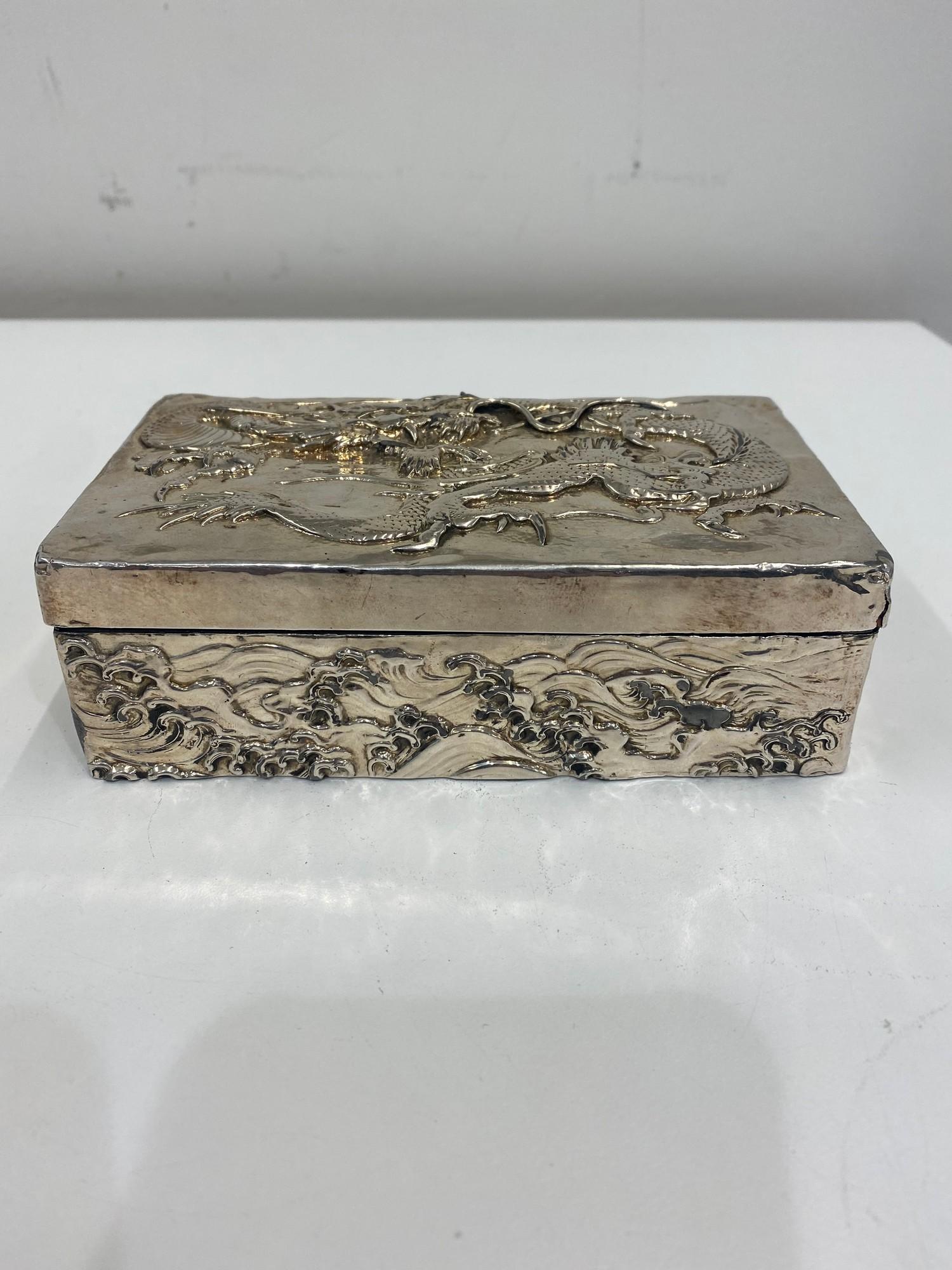 Silver and wooden cigarette box, Chinese detail, no markings but tested as silver, age related wear,