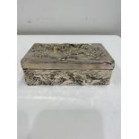 Silver and wooden cigarette box, Chinese detail, no markings but tested as silver, age related wear,