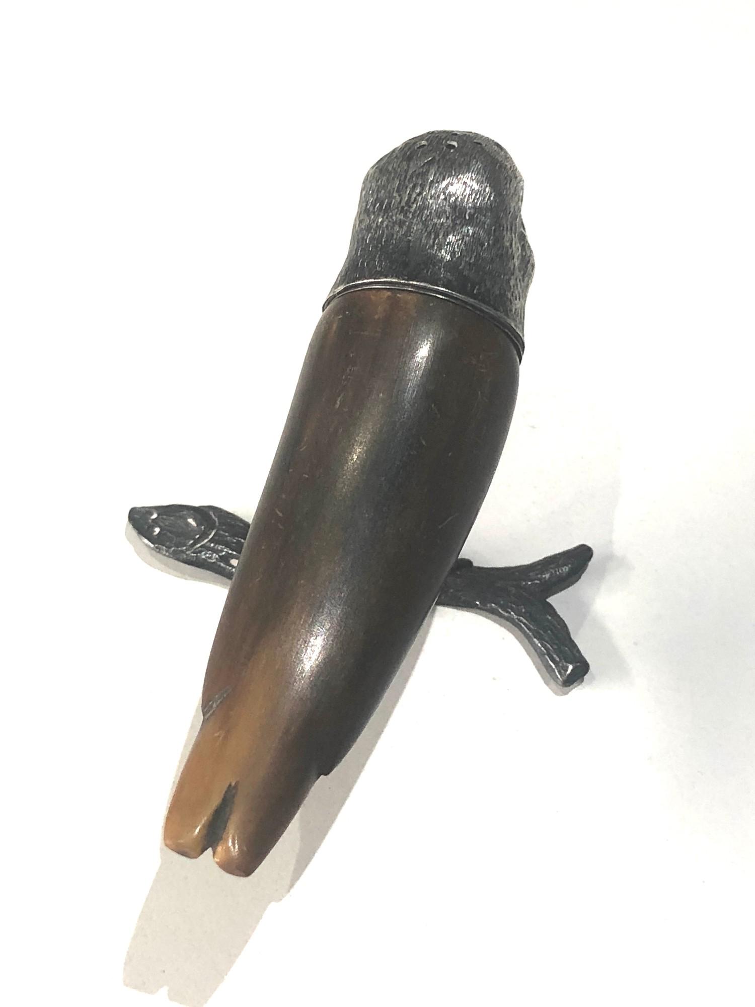 victorian horn and silver mounted novelty bird on branch pepper measures approx 9.6cm height 5.3cm - Image 2 of 8