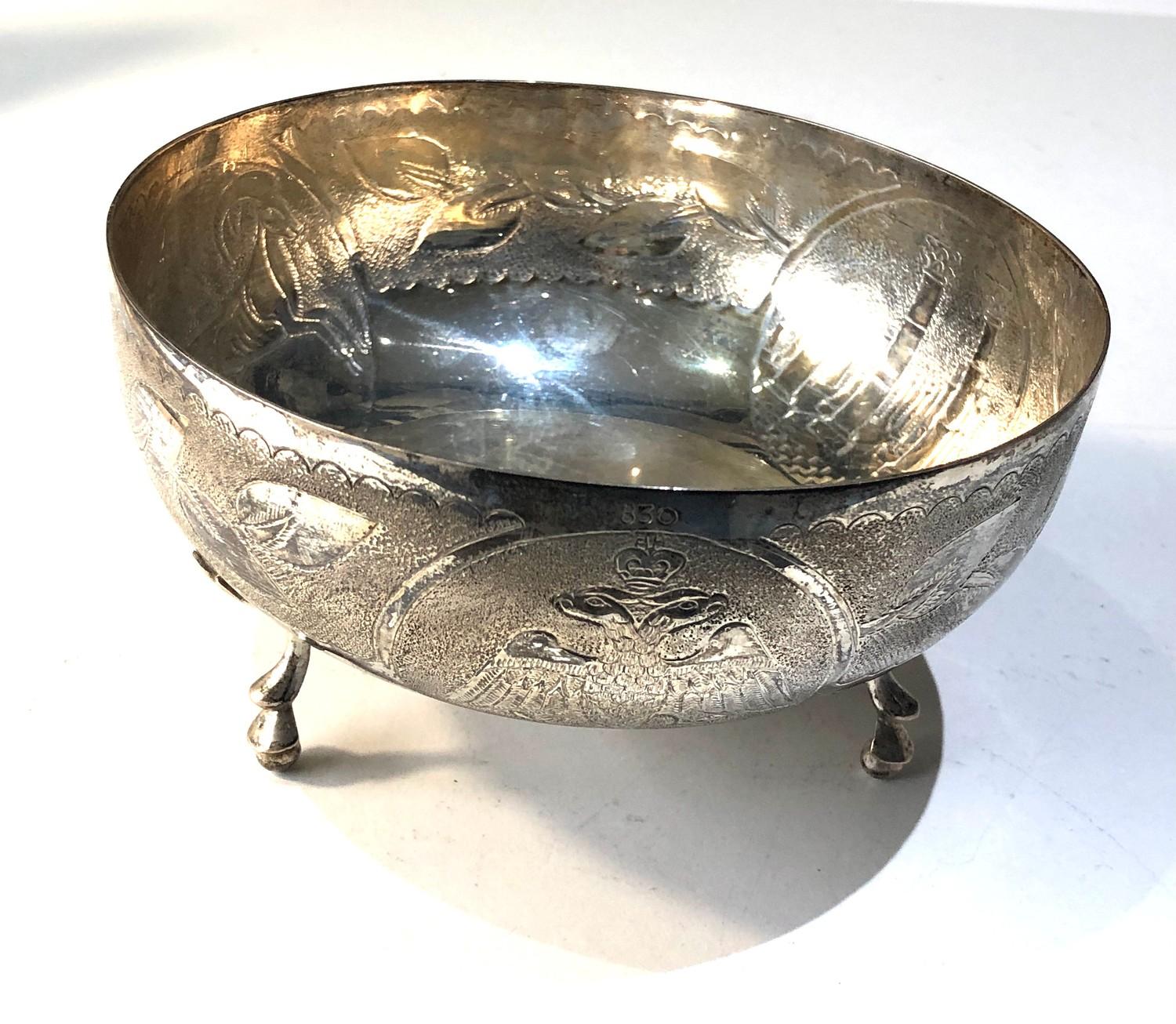 Continental silver bowl engraved designs measures approx 13.5cm dia height 7cm weight 140g marked