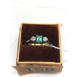 Vintage 18ct gold emerald and diamond ring ,set with central emerald and diamond either side emerald