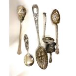 Selection of antique silver spoons includes Georgian silver caddy spoon all hallmarked,