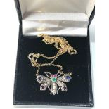 Rose diamond ruby emerald and sapphire gem set butterfly pendant necklace the chain is hallmarked