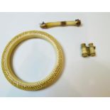 Antique ivory bangle, binocular stanhope charm and brooch