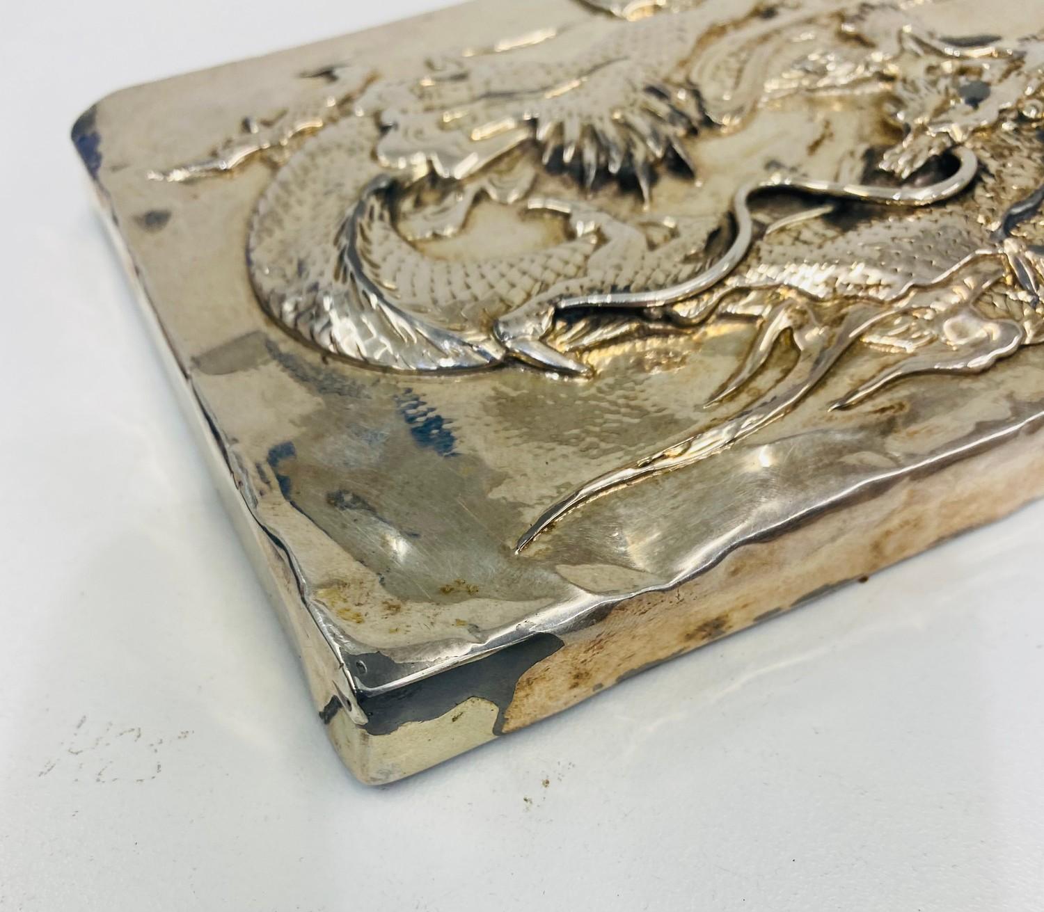 Silver and wooden cigarette box, Chinese detail, no markings but tested as silver, age related wear, - Image 5 of 5