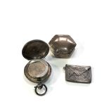 Selection of silver items includes pill box envelope stamp case and silver coin holder age related