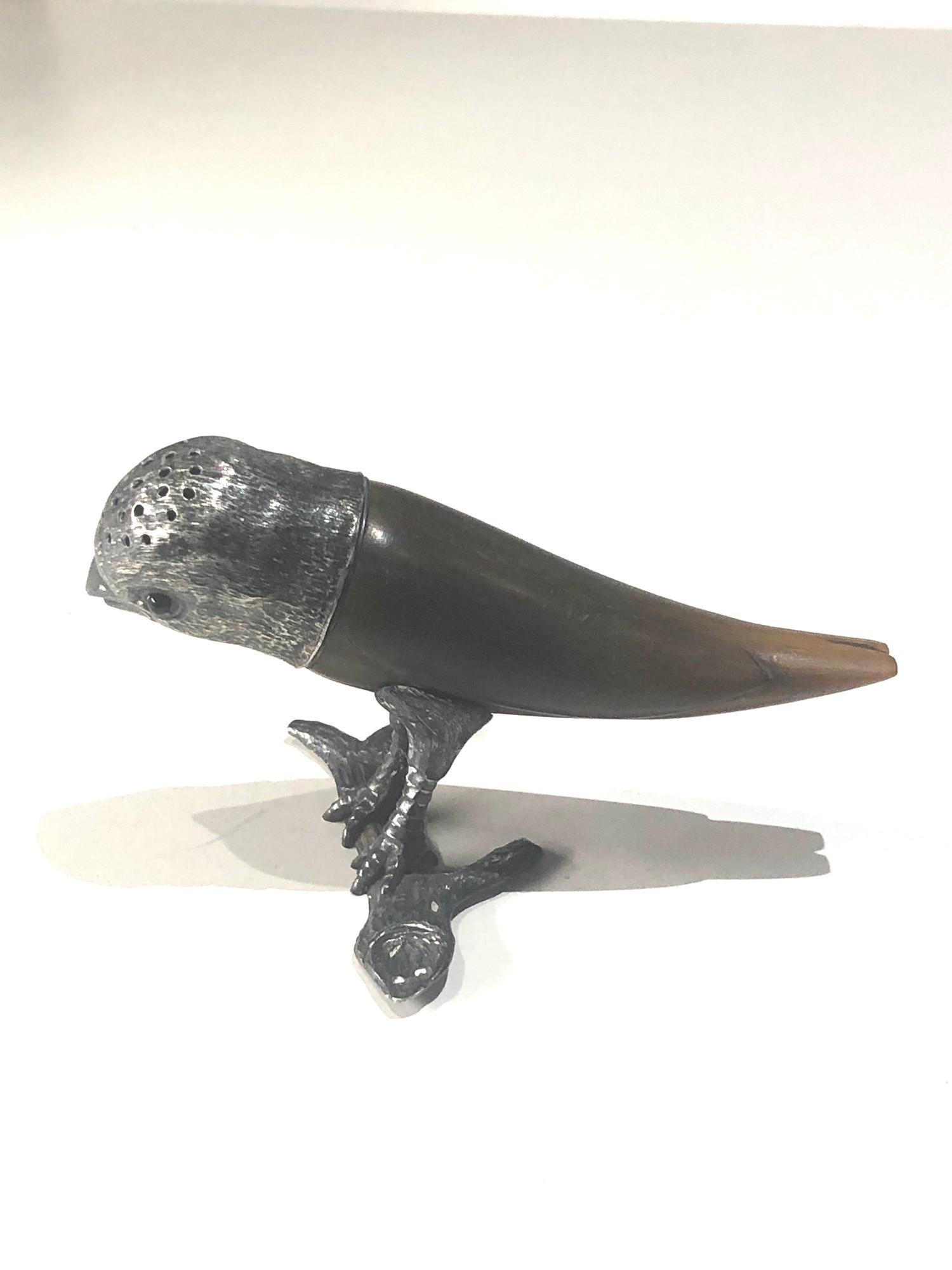 victorian horn and silver mounted novelty bird on branch pepper measures approx 9.6cm height 5.3cm - Image 3 of 8