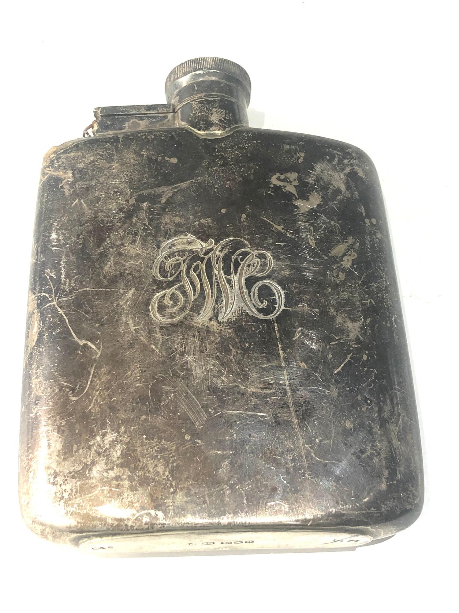 Vintage silver hip flask Birmingham silver hallmarks measures approx 13cm by 9.4cm engraved initials