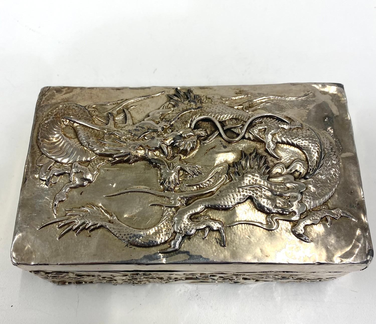 Silver and wooden cigarette box, Chinese detail, no markings but tested as silver, age related wear, - Image 2 of 5