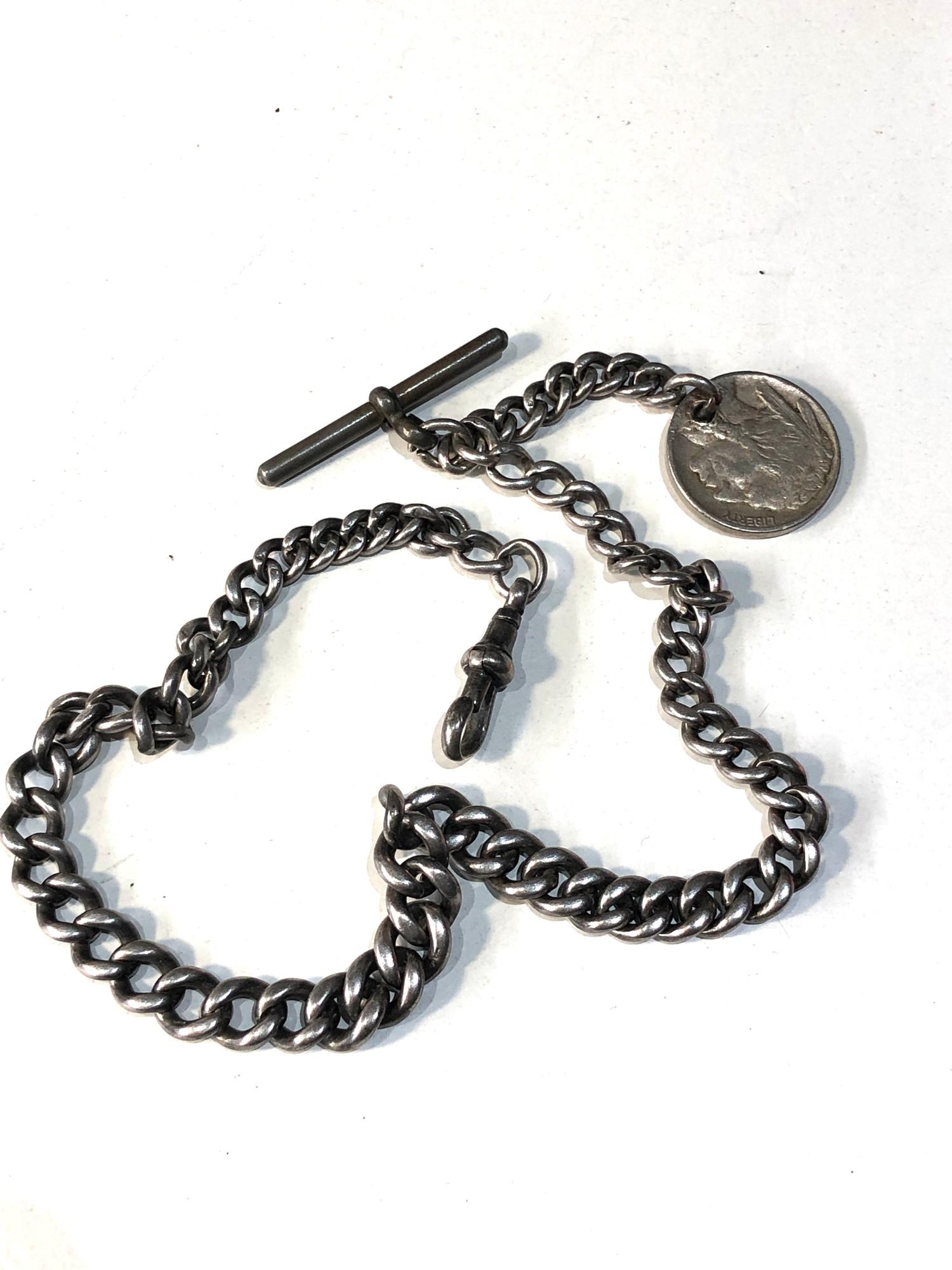 Antique silver Albert watch chain and coin fob weight 43g t-bar not silver