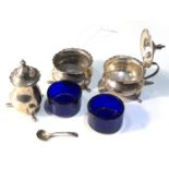 Antique silver cruet set with blue glass liners Birmingham silver hallmarks silver weigt without