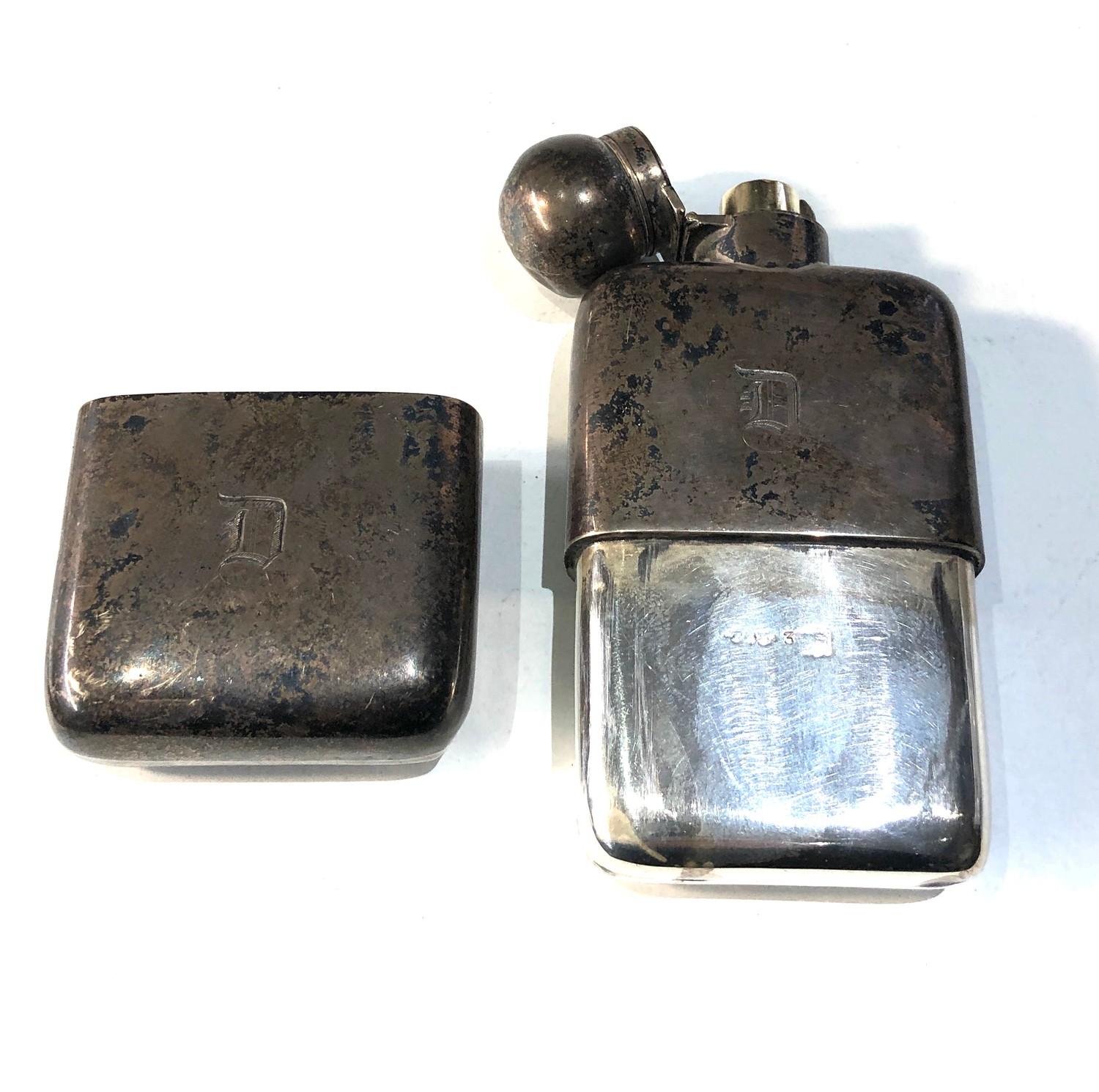 Antique silver hip flask London silver hallmarks measures approx 12.5cm by 6cm weight 150g age