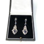 Fine Art Deco platinum diamond sapphire long drop earrings measure approx 4.6cm drop set with