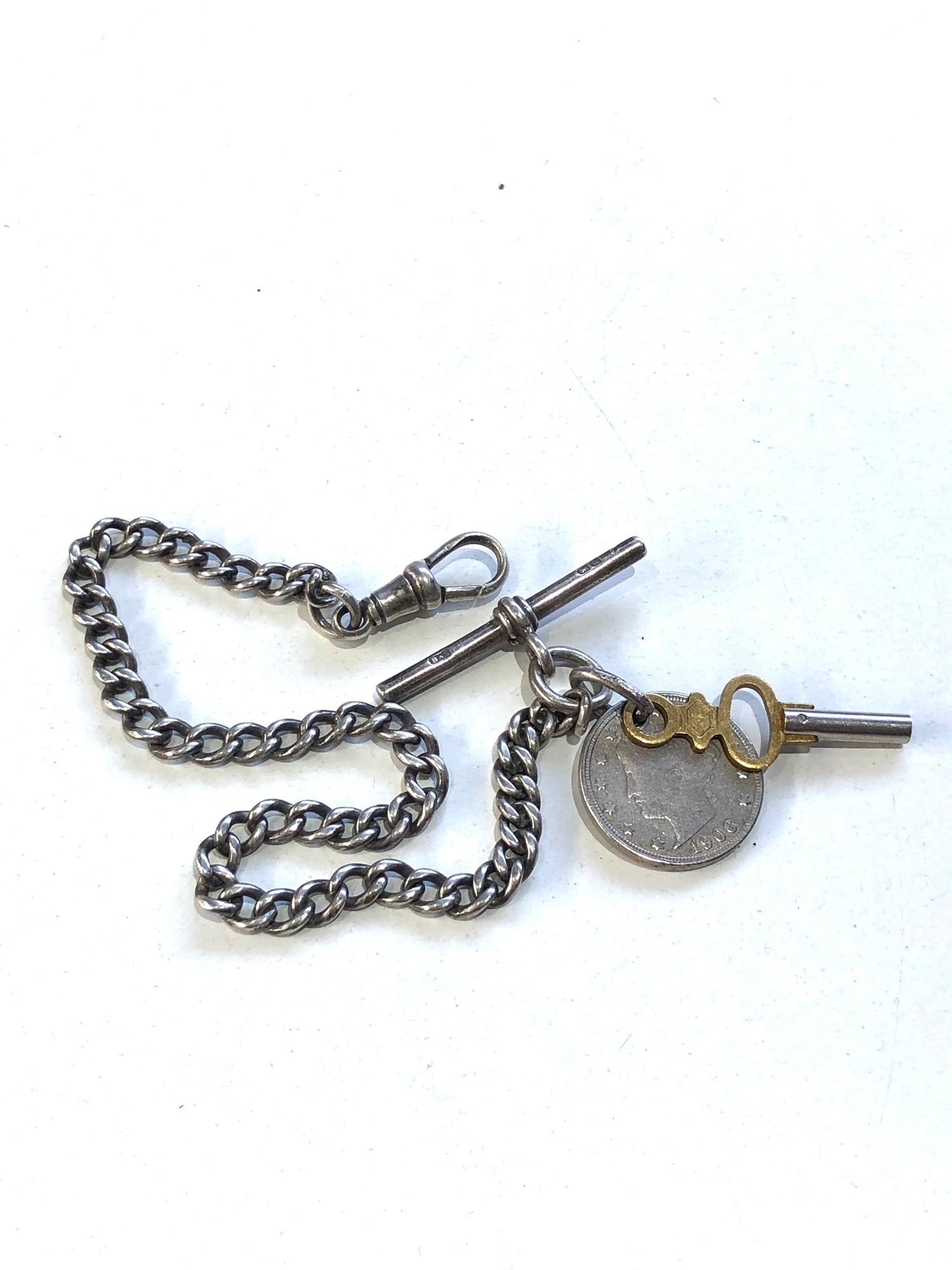 Antique silver Albert watch chain and coin fob & key weight 25g t-bar not silver - Image 2 of 3