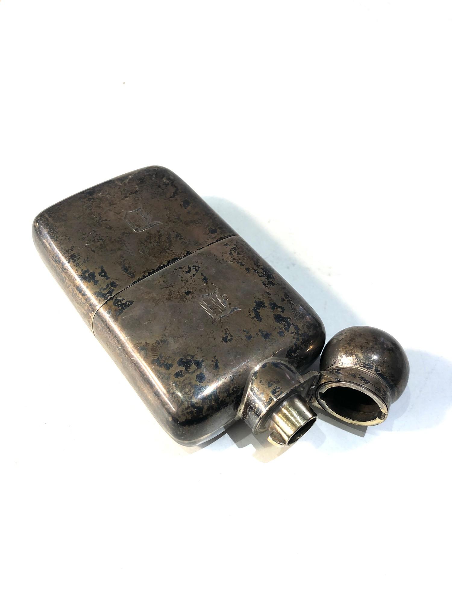 Antique silver hip flask London silver hallmarks measures approx 12.5cm by 6cm weight 150g age - Image 2 of 5