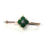 Antique 9ct gold diamond and enamel seed-pearl brooch measures approx 4cm by 1.7cm
