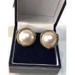 Fine Vintage large Mabe Pearl Earrings each measures approx 14mm diameter gold clip on backs