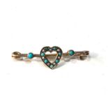 Antique 9ct gold turquoise and seed-pearl love heart bar brooch