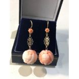 18ct Gold Carved pink Coral Earrings measure approx 3.5cm drop each carved coral drop measures