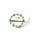 Antique 15ct gold turquoise & pearl brooch measures approx 2.4cm dia weight 4.1 g metal pin