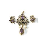 18ct gold amethyst pearl enamel pendant & earrings pendant measures approx 6cm drop by 3cm wide