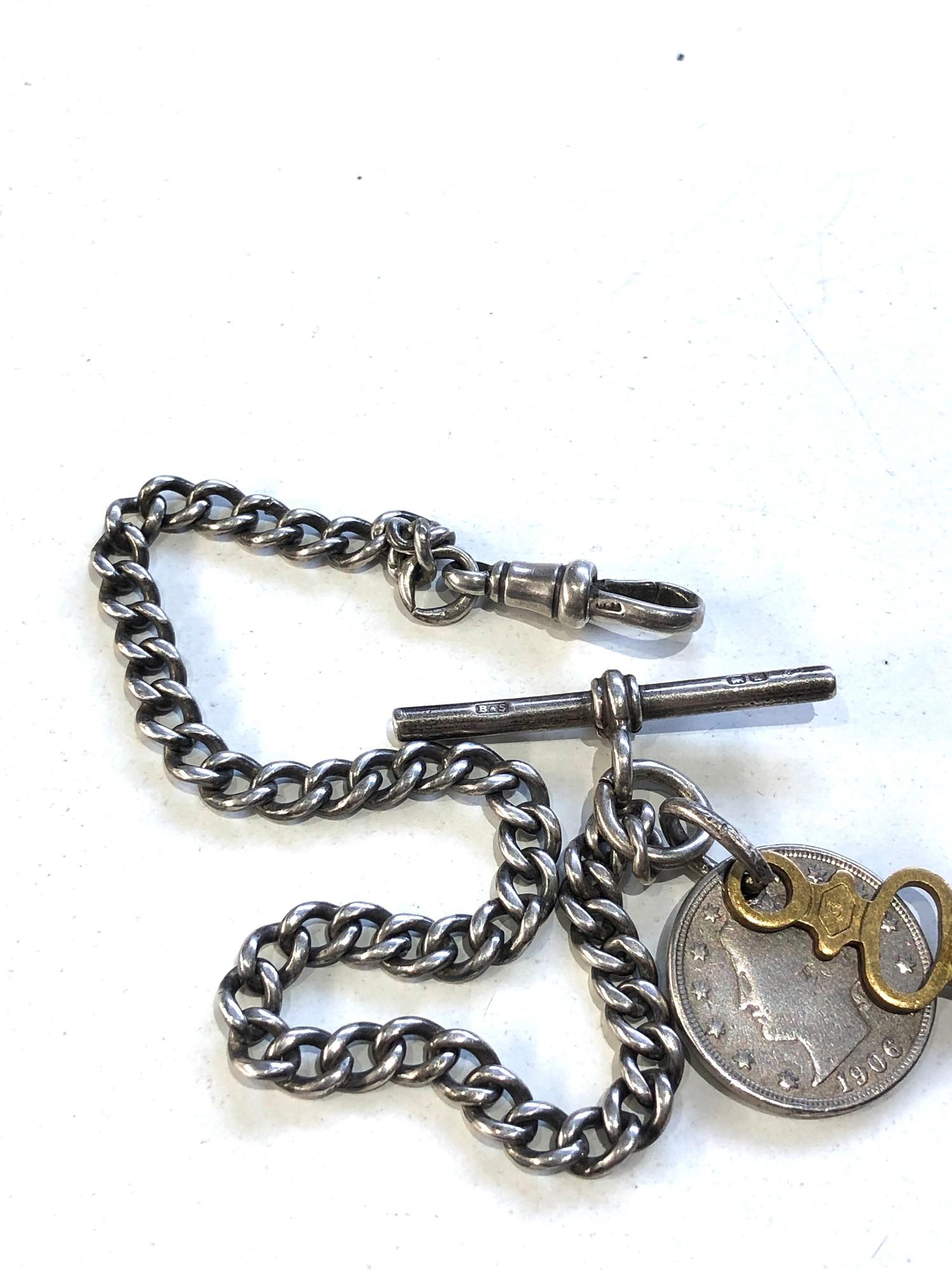 Antique silver Albert watch chain and coin fob & key weight 25g t-bar not silver - Image 3 of 3