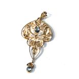 Antique 15ct gold aquamarine & seed pearl pendant measures approx 5.2cm drop by 2.4cm wide weight