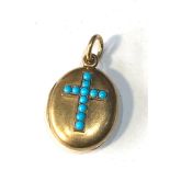 18ct Victorian gold turquoise set cross locket measures approx 3.2cm drop by 1.9cm wide weight 9.