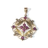 Antique 9ct gold gemstone and seed-pearl pendant measures approx 4.3cm drop by 3.2cm weight3.1g